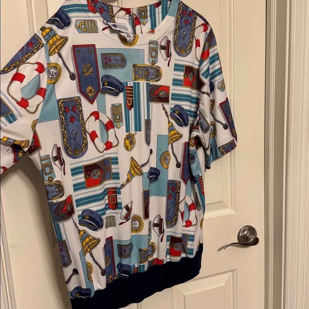 Vintage 80s Top Notch Round Neck Short Sleeve Banded Hem Top Size 22W Nautical